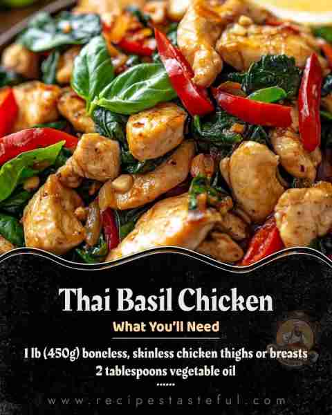 Thai Basil Chicken (Just in 20 Minutes!) 🍗🌿 Ingredients: 1 lb (450g) boneless, skinless chicken th...