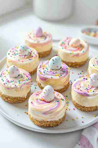 Easter No-Bake Mini Swirl Cheesecakes - creamy, colorful, and perfect for spring! Ingredients: For t...