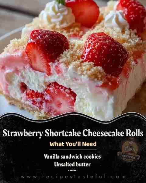 Strawberry Shortcake Cheesecake Rolls Ingredients: Vanilla sandwich cookies Unsalted butter Cream ch...