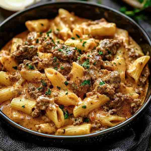 Decadent Creamy Beef Pasta Delight Ingredients: 1 tablespoon olive oil 1 lb ground beef 1 small onio...