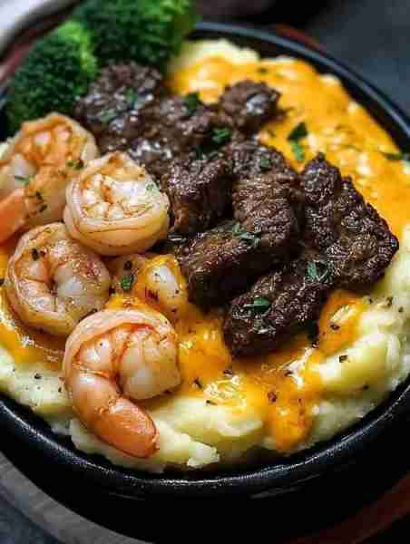 Craving Comfort? Try Cheesy Steak & Shrimp Loaded Mashed Potatoes! Ingredients: 3 large russet potat...