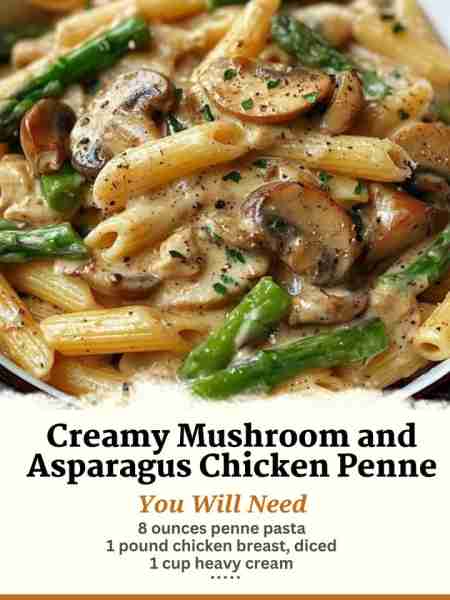 Creamy Mushroom and Asparagus Chicken Penne Ingredients: 8 ounces penne pasta 2 tablespoons olive oi...