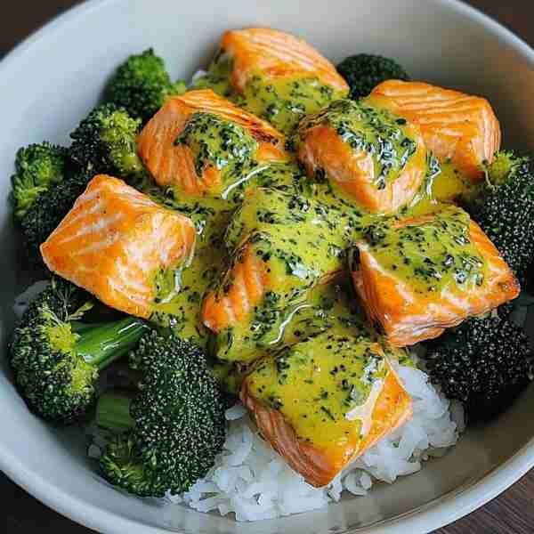 🧄🍋 Creamy Garlic Herb Salmon Bowl 🥦🍚 Prep Time: 10 minutes Cook Time: 15 minutes Servings: 2 Cal...