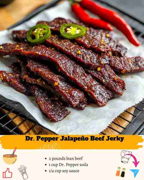 Dr. Pepper Jalapeño Beef Jerky Ingredients: 2 pounds lean beef (sirloin or flank steak), thinly slic...