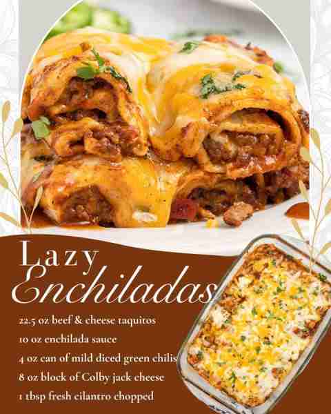 LAZY ENCHILADAS! 🥘 22.5 oz beef & cheese taquitos 🥘 10 oz enchilada sauce 🥘 4 oz can of mild dice...