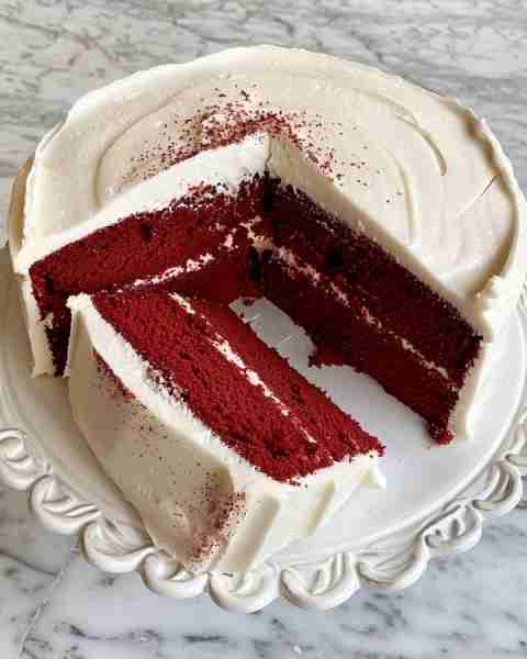 Red Velvet Cake with Cream Cheese Frosting Ingredients: 2 ½ cups all-purpose flour 1 ½ cups granulat...