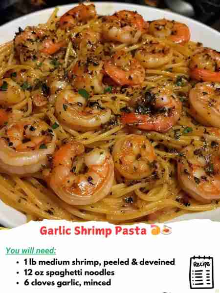 Garlic Shrimp Pasta Ingredients: 1 lb medium shrimp, deveined and tails removed 1 lb spaghetti noodl...