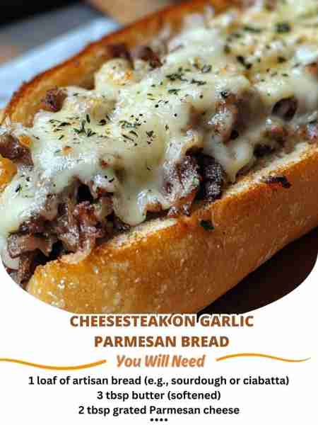 Cheesesteak on Garlic Parmesan Bread Ingredients For the Bread: 1 loaf of artisan bread (e.g., sourd...