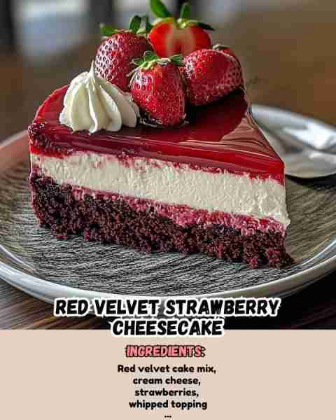 Red Velvet Strawberry Cheesecake Ingredients: Red Velvet Cake: • 1 1/4 cups all-purpose flour • 1 c...