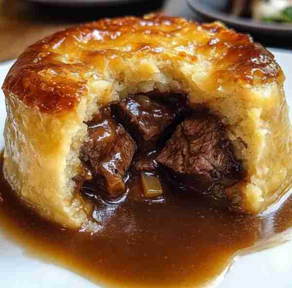 Steak and Onion Suet Pudding 🥧🍴 A cozy, slow-cooked British classic! Tender beef and onions wrappe...