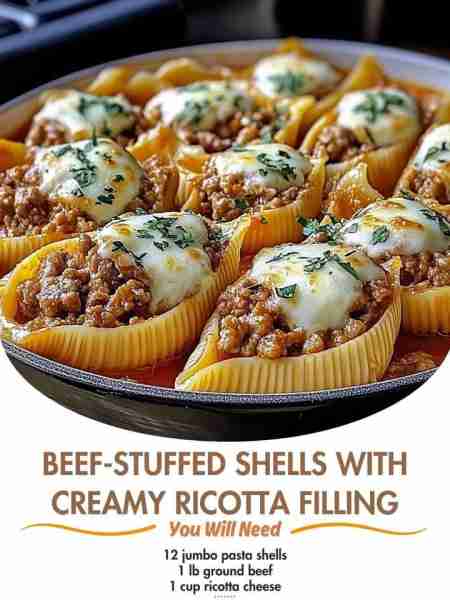 Beef-Stuffed Shells with Creamy Ricotta Filling Ingredients: 12 jumbo pasta shells 1 lb ground beef...