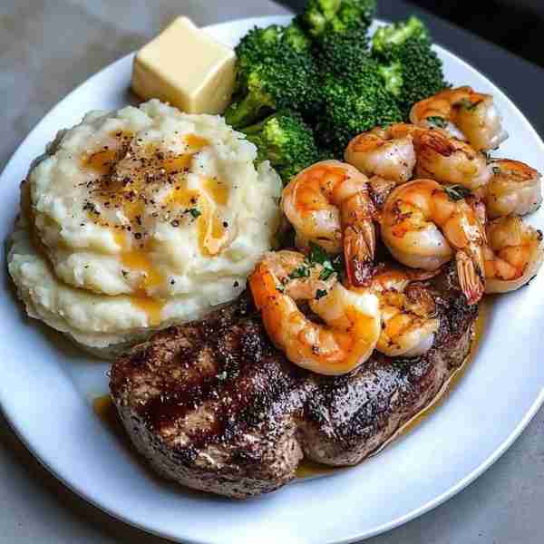 Grilled Steak and Shrimp with Mashed Potatoes, Cheesy Broccoli, and Dinner Rolls This hearty meal fe...