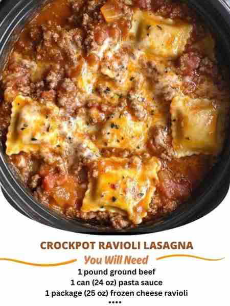 Crockpot Ravioli Lasagna Ingredients: 1 pound ground beef 1 can (24 oz) pasta sauce 1 package (25 oz...