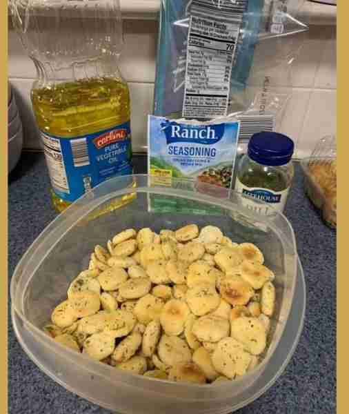 Dangerous! Recipe... 1- 10oz bag of plain oyster crackers 1- 1oz Packet of Ranch Dressing/Dip Mix 1/...