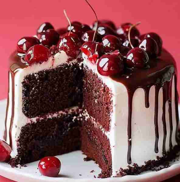 💕😋Black Forest Cake 💕😋 Ingredients: 2 cups all-purpose flour 2 cups granulated sugar 3/4 cup...