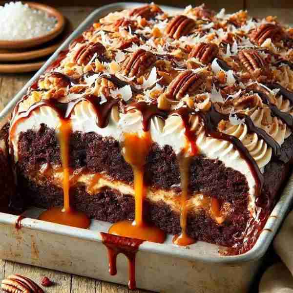German Chocolate Poke Cake Recipe Ingredients: 1 box chocolate cake mix (plus ingredients listed on...