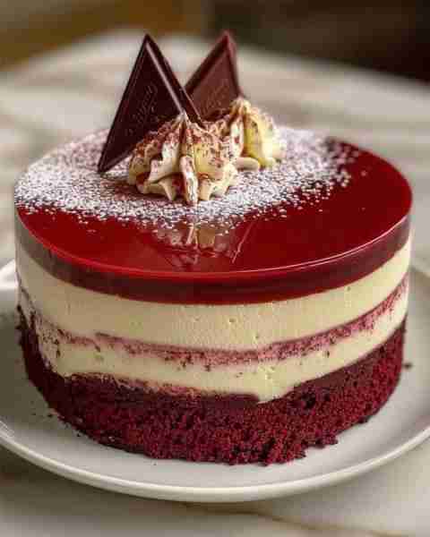Layered Red Velvet Cheesecake with Mirror Glaze Ingredients For the Red Velvet Cake Layers: 1 1/2 cu...