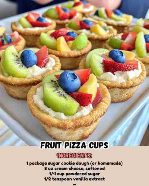Fruit pizza cups easy and delicious! ingredients: - 1 package sugar cookie dough (or homemade) - 8...