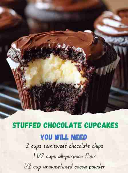 Cheesecake Stuffed Chocolate Cupcakes Ingredients: - 2 cups semisweet chocolate chips - 1 1/2 cups a...