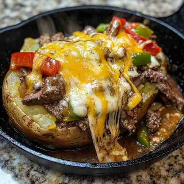 🥩🔥 Philly Cheesesteak Loaded Baked Potato 🧀🌶️🧅 Crispy-skinned baked potato stuffed with buttery...