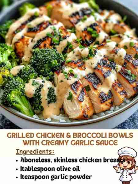 Grilled Chicken & Broccoli Bowls with Creamy Garlic Sauce Ingredients: 4boneless, skinless chicken b...