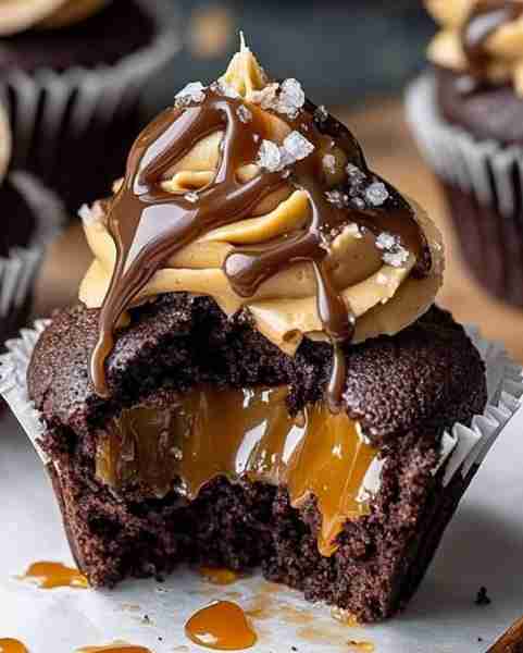 Salted Caramel Chocolate Cupcakes Recipe 🍫🧡 Ingredients: 1 1/2 cups all-purpose flour 1/2 cup unsw...