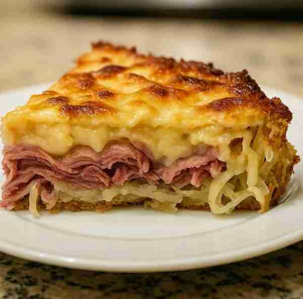 Reuben Casserole Bake 🥩🧀🍞 Ingredients: 1 lb sliced corned beef 2 cups sauerkraut (drained) 2 cups...