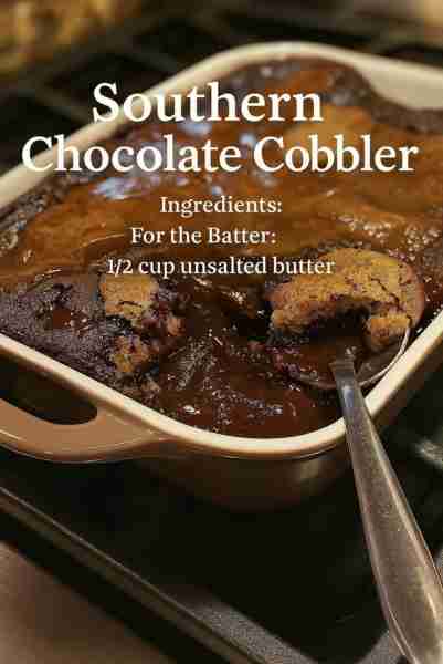 Southern Chocolate Cobbler Ingredients: For the Batter: 1/2 cup unsalted butter 1 1/2 cups granulate...