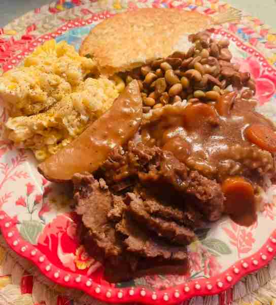 Monday Night Supper: London Broil with Carrots, Potatoes, Onions & Gravy, Rice, Fresh Speckled Butte...