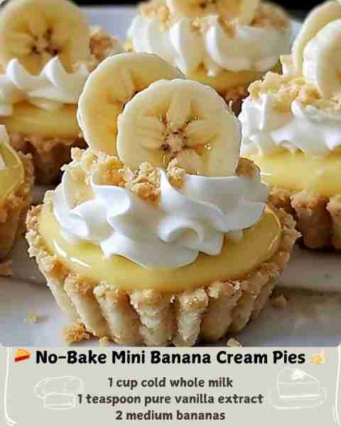 🥧 No-Bake Mini Banana Cream Pies 🍌 Ingredients: For the crust: 1 ½ cups graham cracker crumbs (abo...