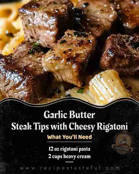 Garlic Butter Steak Tips with Cheesy Rigatoni Ingredients: For the Steak Tips: 1 ½ lbs steak tips 4...