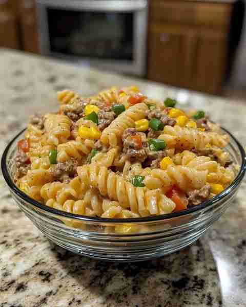 Loaded Cheddar Ranch Beef and Sweet Corn Rotini Bake Ingredients: 1 lb ground beef 2 cups rotini pa...