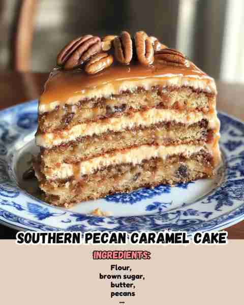 Southern Pecan Caramel Cake Ingredients: - 2 cups all-purpose flour - 1 ½ cups brown sugar - 1 cup b...