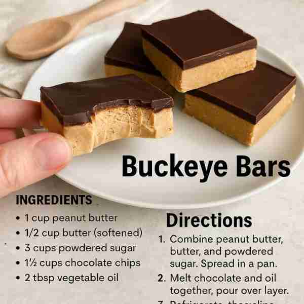 🍫 No-Bake Buckeye Bars 🥜 Ingredients: 1 cup peanut butter 1/2 cup softened butter 3 cups powdered...