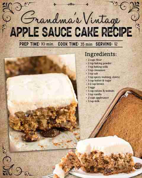 Applesauce Cake! Check the top comments for the full recipe ~~ ingredients: ½ cup milk 1 cup raisins...