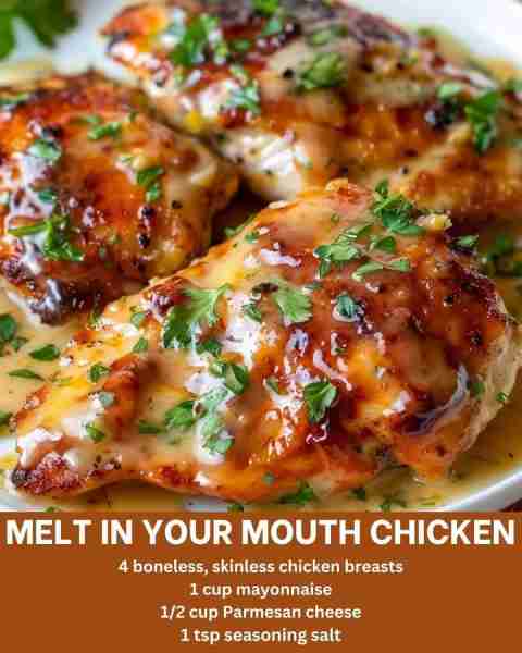 Melt In Your Mouth Chicken 🍗🧀 Ingredients • 4 boneless, skinless chicken breasts • 1 cup mayonnai...
