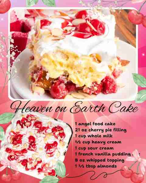 HEAVEN ON EARTH CAKE! 🍰 1 angel food cake 🍰 21 oz cherry pie filling 🍰 1 cup whole milk 🍰 ½ cup...