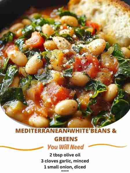 Mediterranean White Beans & Greens Ingredients: 2 tbsp olive oil 3 cloves garlic, minced 1 small oni...
