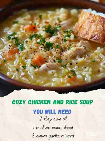 Cozy Chicken and Rice Soup Servings: 6 Calories: Approximately 350 per serving Ingredients: - 2 t...
