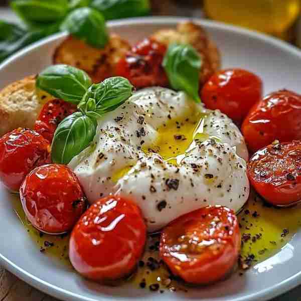 🇮🇹 Burrata with Roasted Cherry Tomatoes & Garlic Crostini 🧀 Ingredients: For the Main: 1 fresh burr...
