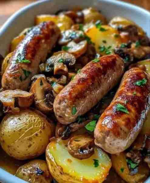Baked Sausage, Mushrooms, and Potatoes 🍄 Ingredients: 1 lb Italian sausage links, sliced 4 medium...