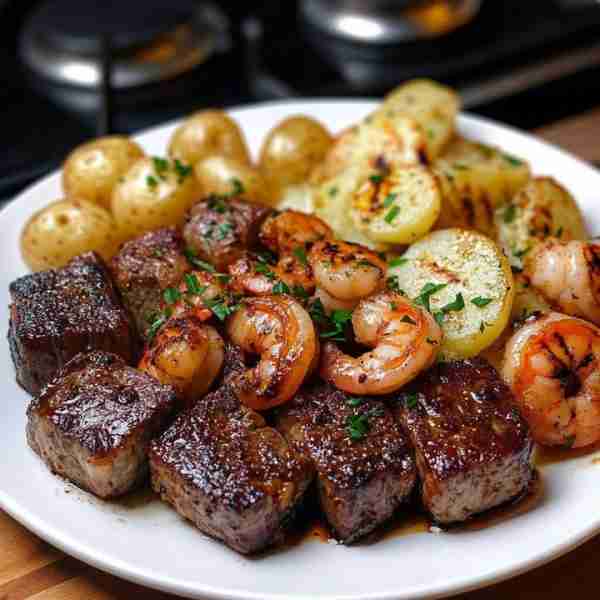 Surf and Turf Medley with Scallops and Potatoes 🍤🥩Delight in this colorful platter featuring tende...