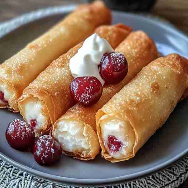Crispy Cherry Cheesecake Egg Rolls with Sweet Cream Filling Ingredients: 10 egg roll wrappers 1 cup...