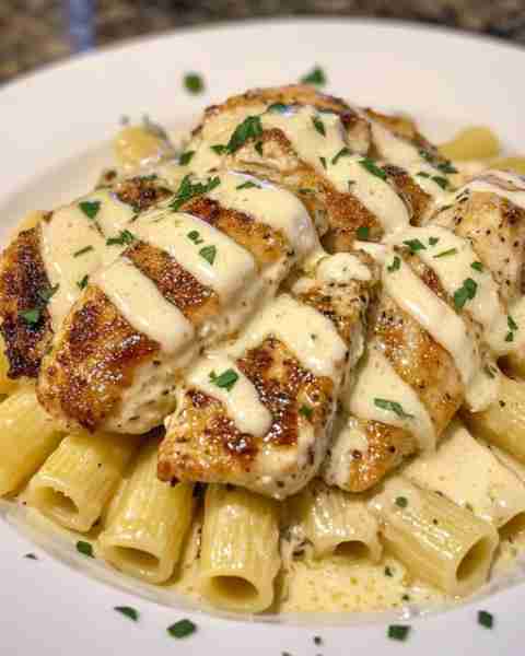 Garlic Parmesan Chicken with Creamy Rigatoni Pasta Ingredients: 2 boneless, skinless chicken breasts...