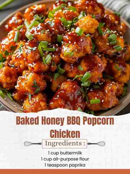 Baked Honey BBQ Popcorn Chicken Ingredients: 1 lb boneless, skinless chicken breasts, cut into bite-...