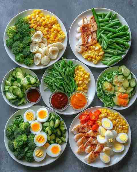 Plate 1 (Top Left): Broccoli 🥦, corn 🌽, and sliced boiled eggs 🥚. Plate 2 (Top Center): Grilled c...