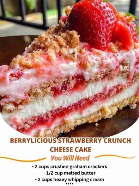 Berrylicious Strawberry Crunch Cheese Cake Ingredients: - 2 cups crushed graham crackers - 1/2 cup m...