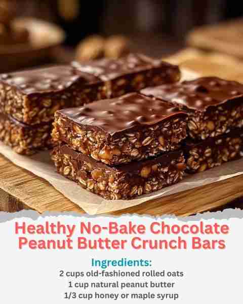 Healthy No-Bake Chocolate Peanut Butter Crunch Bars Ingredients: 2 cups old-fashioned rolled oats 1...