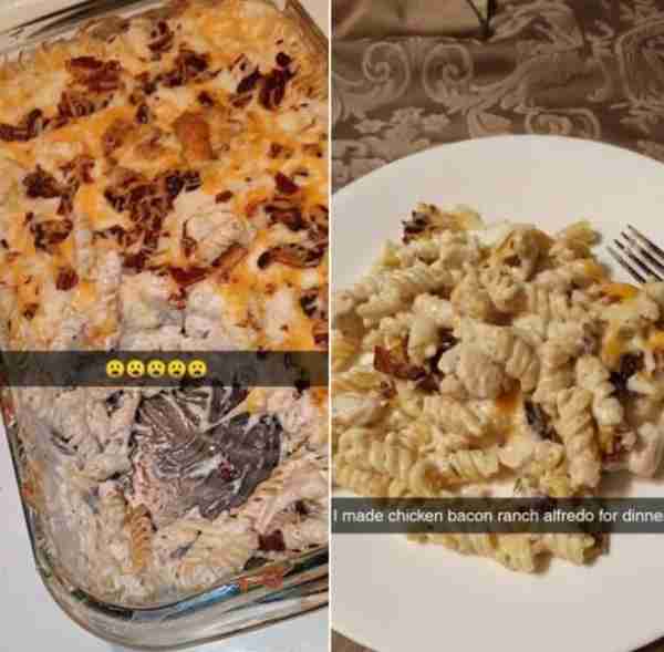 Chicken bacon ranch alfredo! Its so good and didn't cost a fortune to make 😊 RECIPE: Rotini noodles...