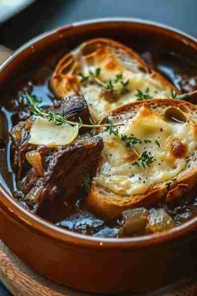 Rich French Onion Soup with Tender Beef Short Ribs and Gruyère Cheese Toast Rich French Onion Soup w...